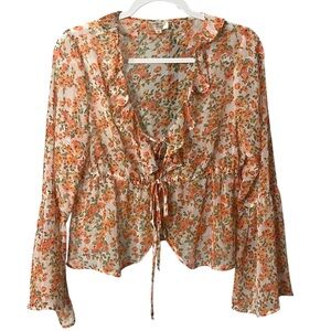 EUC DIZZY LIZZY Top Long Sleeve Sheer Floral Tie Front Boho Festival Medium